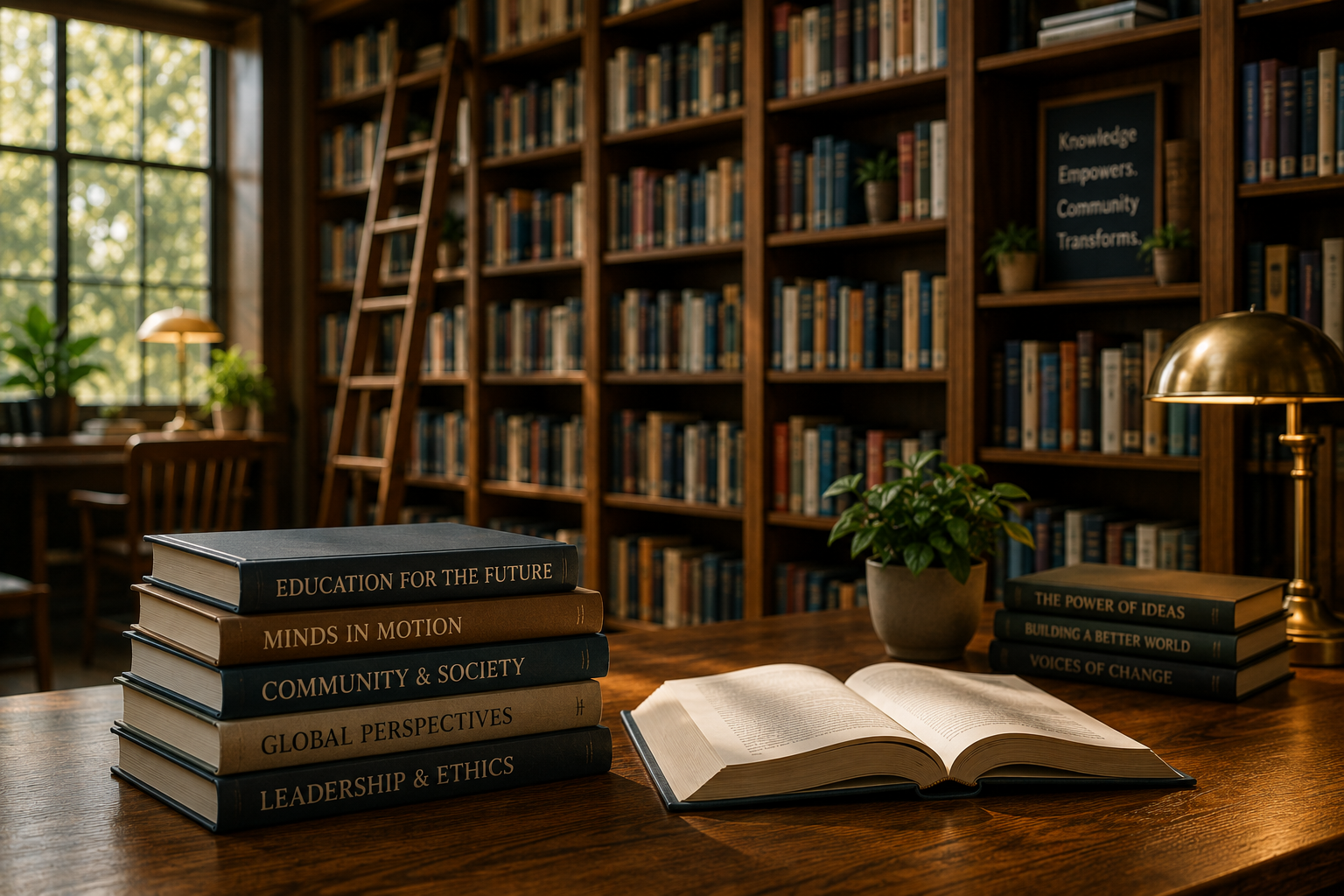 Open books on a library table