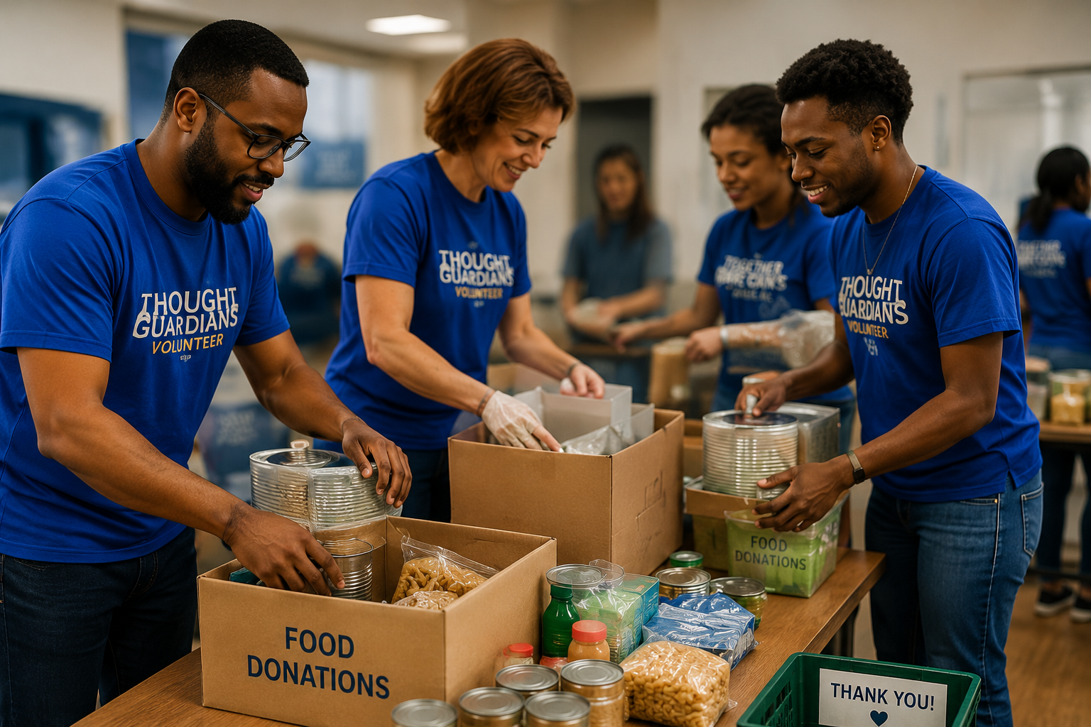 Volunteers packing food boxes